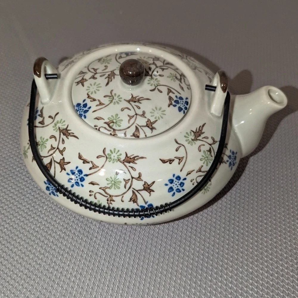 Pier 1 Imports Tomoko 6 Piece Tea Set Floral Ceramic Teapot 4 Cups Metal Stand